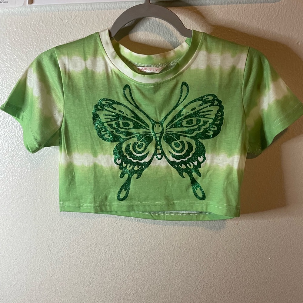 Green and White Butterfly Crop Top
